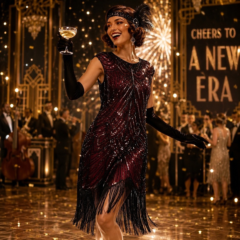 Sequin Beaded‎ Fringe Flapper Dress Art Deco 1920s Style Red/Black M Gatsby